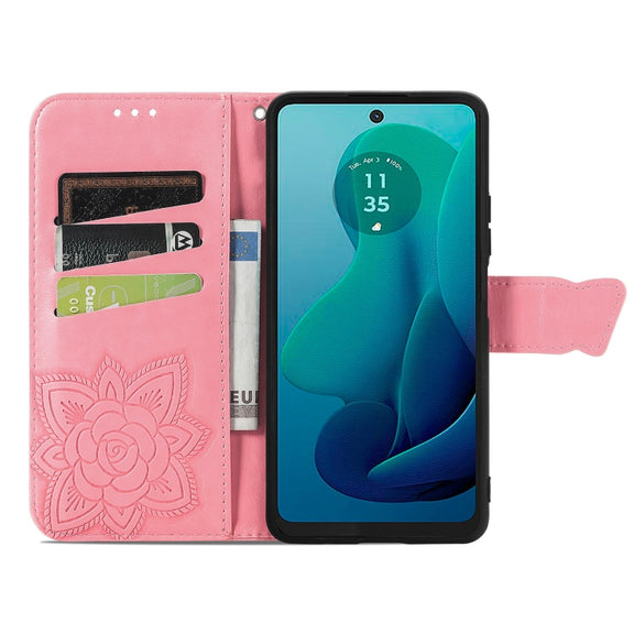 For Motorola Moto G 5G 2024 Butterfly Love Flower Embossed Leather Phone Case(Pink)