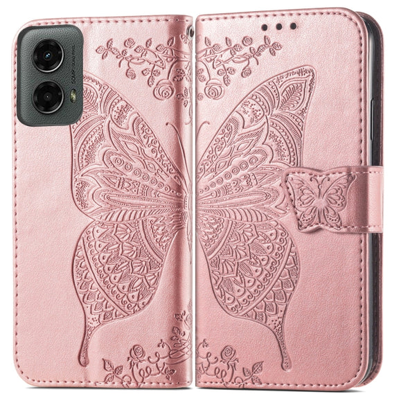 For Motorola Moto G 5G 2024 Butterfly Love Flower Embossed Leather Phone Case(Rose Pink)