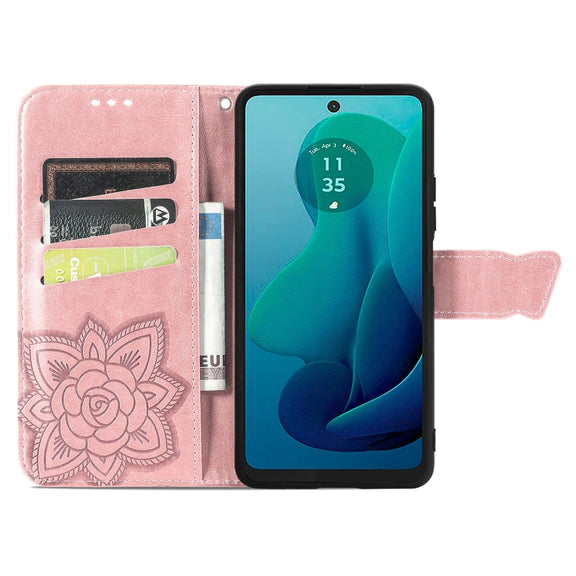 For Motorola Moto G 5G 2024 Butterfly Love Flower Embossed Leather Phone Case(Rose Pink)