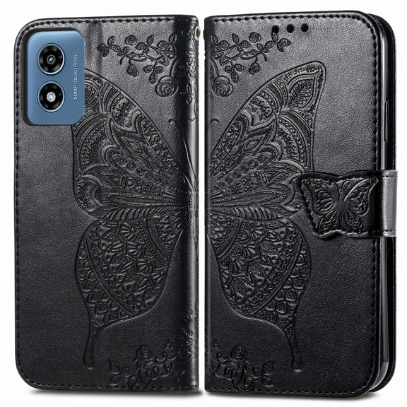 For Motorola Moto G  Play  2024 Butterfly Love Flower Embossed Leather Phone Case(Black)