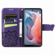 For Motorola Moto G  Play  2024 Butterfly Love Flower Embossed Leather Phone Case(Dark Purple)