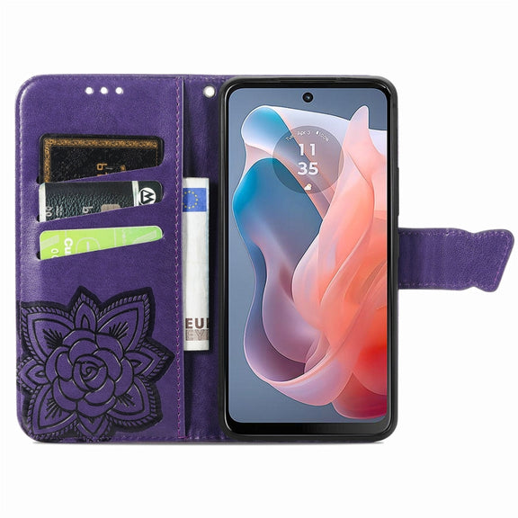 For Motorola Moto G  Play  2024 Butterfly Love Flower Embossed Leather Phone Case(Dark Purple)