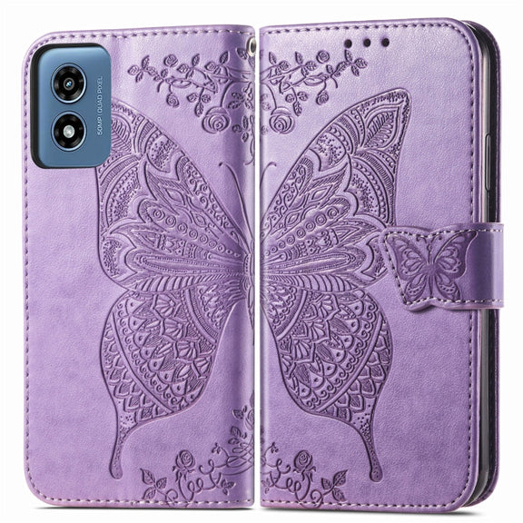 For Motorola Moto G  Play  2024 Butterfly Love Flower Embossed Leather Phone Case(Light Purple)