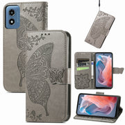 For Motorola Moto G  Play  2024 Butterfly Love Flower Embossed Leather Phone Case(Gray)
