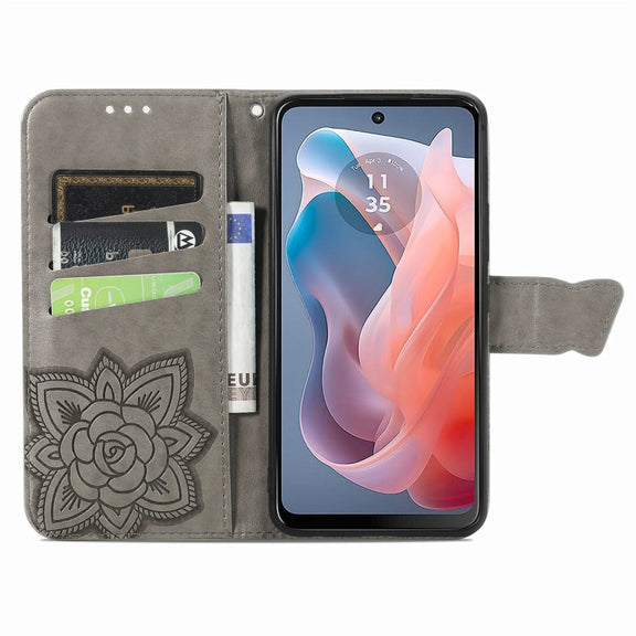 For Motorola Moto G  Play  2024 Butterfly Love Flower Embossed Leather Phone Case(Gray)