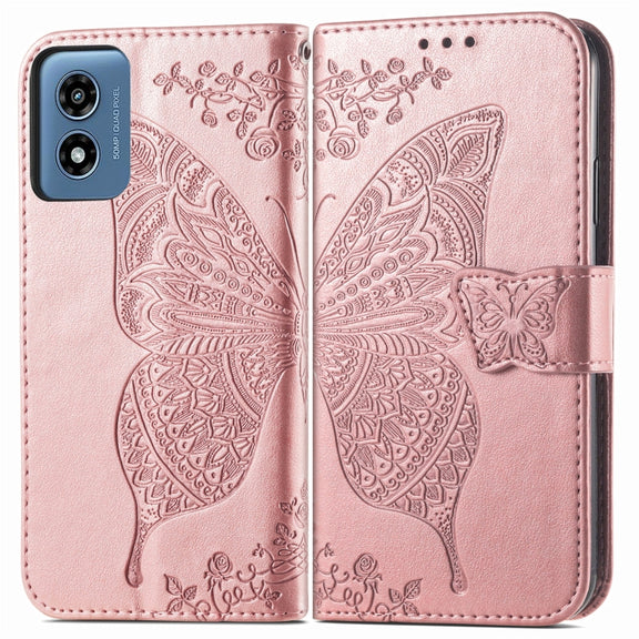 For Motorola Moto G  Play  2024 Butterfly Love Flower Embossed Leather Phone Case(Rose Pink)