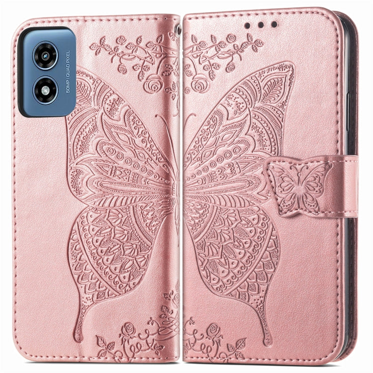 For Motorola Moto G  Play  2024 Butterfly Love Flower Embossed Leather Phone Case(Rose Pink)