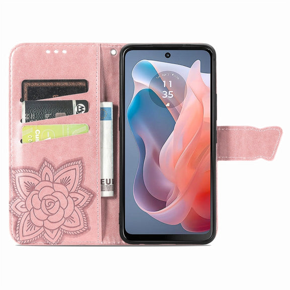 For Motorola Moto G  Play  2024 Butterfly Love Flower Embossed Leather Phone Case(Rose Pink)