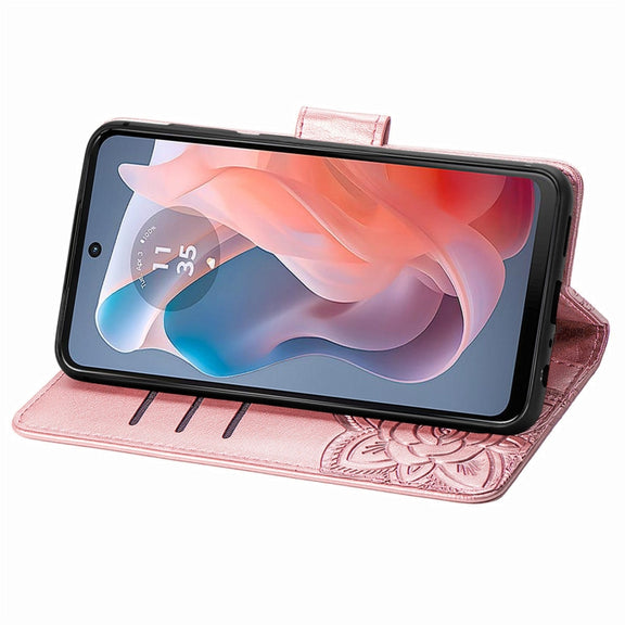 For Motorola Moto G  Play  2024 Butterfly Love Flower Embossed Leather Phone Case(Rose Pink)