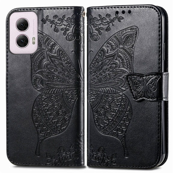For Motorola Moto G Power 2024 Butterfly Love Flower Embossed Leather Phone Case(Black)