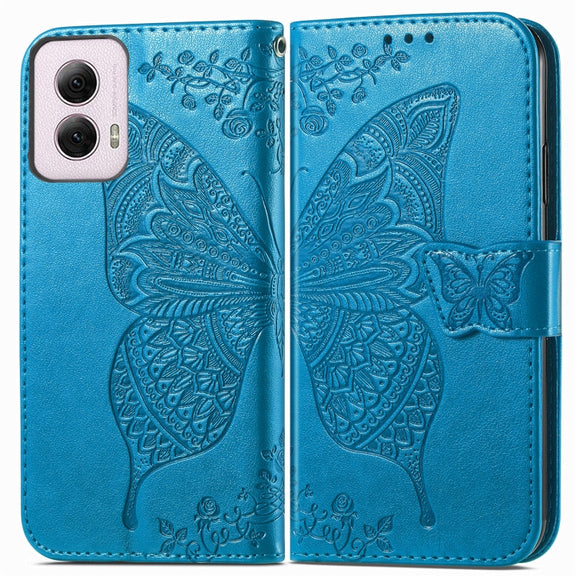 For Motorola Moto G Power 2024 Butterfly Love Flower Embossed Leather Phone Case(Blue)