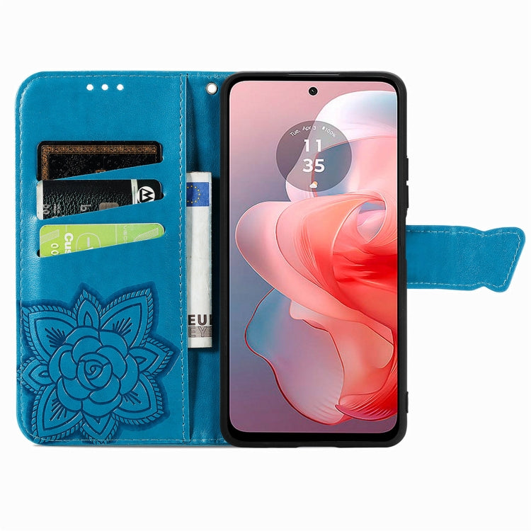 For Motorola Moto G Power 2024 Butterfly Love Flower Embossed Leather Phone Case(Blue)