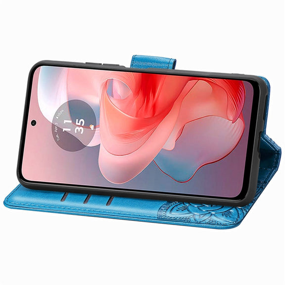 For Motorola Moto G Power 2024 Butterfly Love Flower Embossed Leather Phone Case(Blue)
