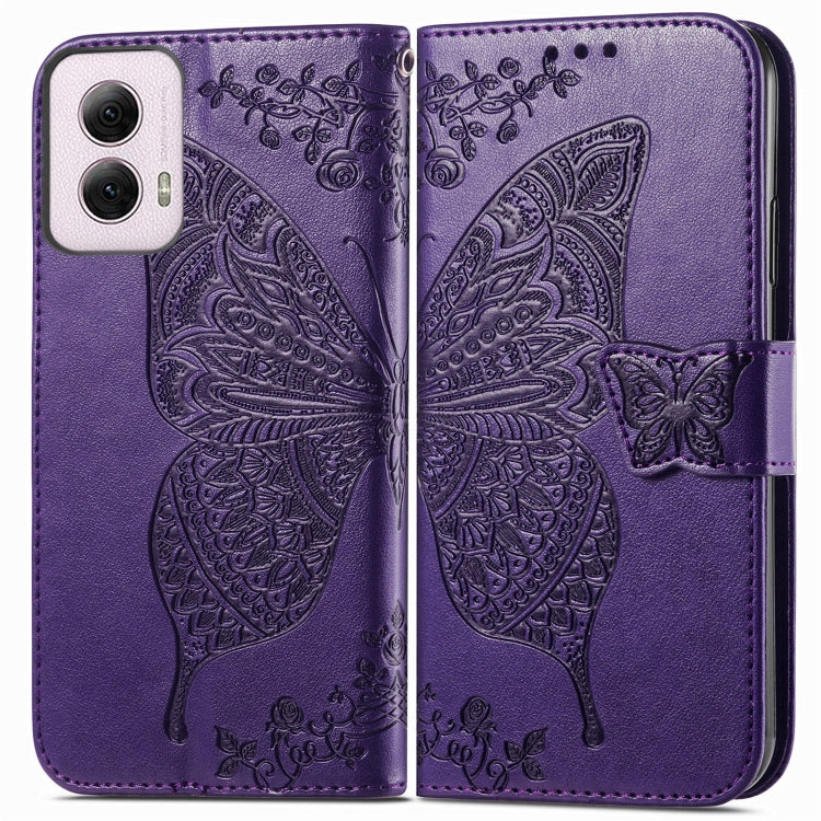 For Motorola Moto G Power 2024 Butterfly Love Flower Embossed Leather Phone Case(Dark Purple)