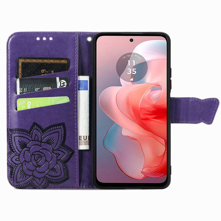 For Motorola Moto G Power 2024 Butterfly Love Flower Embossed Leather Phone Case(Dark Purple)