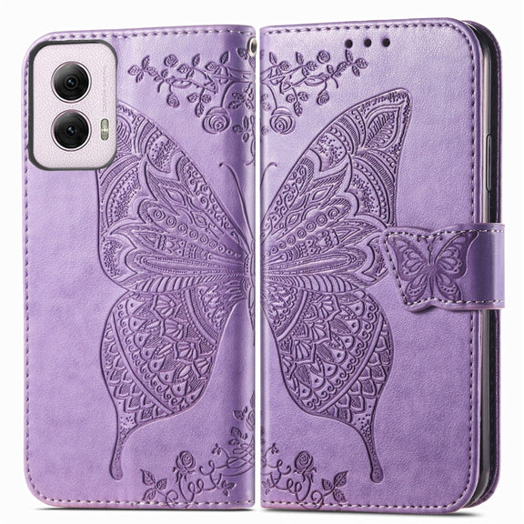 For Motorola Moto G Power 2024 Butterfly Love Flower Embossed Leather Phone Case(Light Purple)