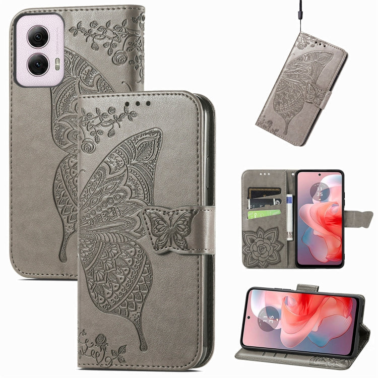 For Motorola Moto G Power 2024 Butterfly Love Flower Embossed Leather Phone Case(Gray) - Motorola Cases by PMC Jewellery | Online Shopping South Africa | PMC Jewellery | Buy Now Pay Later Mobicred