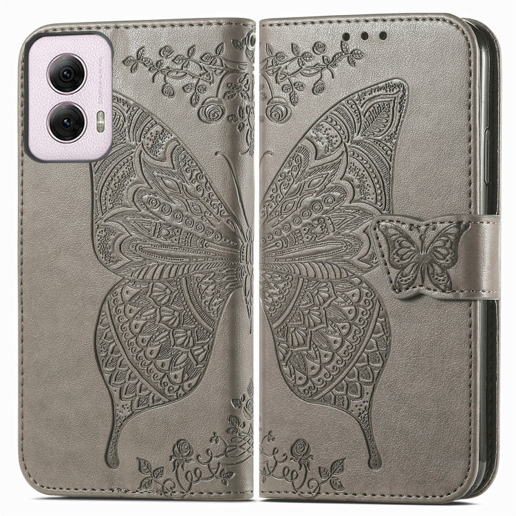 For Motorola Moto G Power 2024 Butterfly Love Flower Embossed Leather Phone Case(Gray)