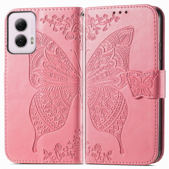 For Motorola Moto G Power 2024 Butterfly Love Flower Embossed Leather Phone Case(Pink)