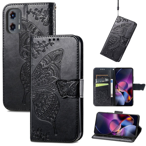 For Motorola Moto G Stylus 5G 2024 Butterfly Love Flower Embossed Leather Phone Case(Black)