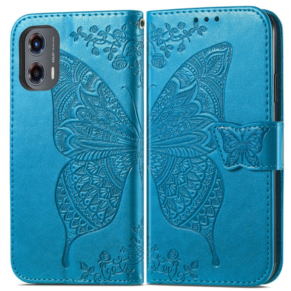 For Motorola Moto G Stylus 5G 2024 Butterfly Love Flower Embossed Leather Phone Case(Blue)