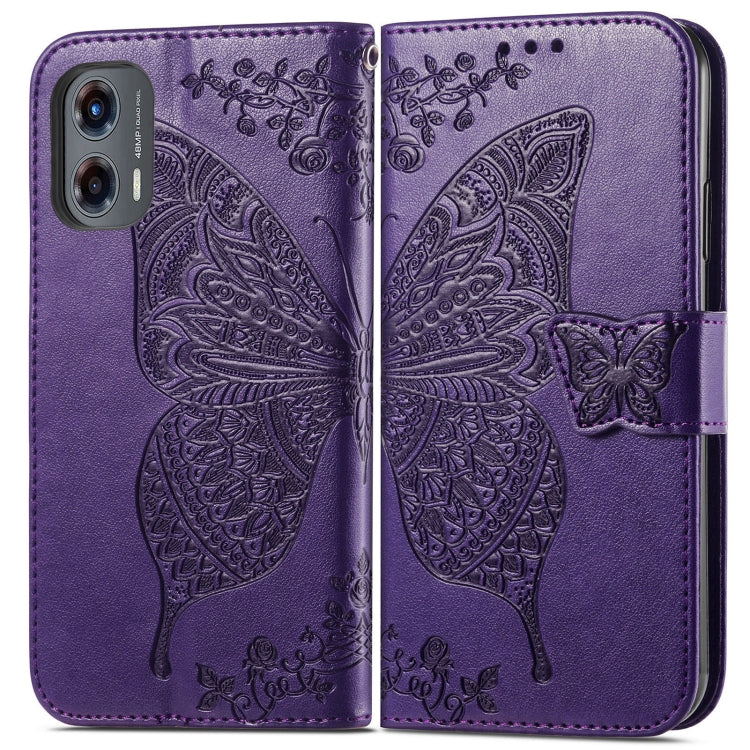 For Motorola Moto G Stylus 5G 2024 Butterfly Love Flower Embossed Leather Phone Case(Dark Purple)