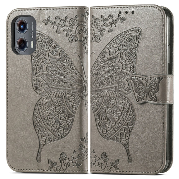 For Motorola Moto G Stylus 5G 2024 Butterfly Love Flower Embossed Leather Phone Case(Gray)