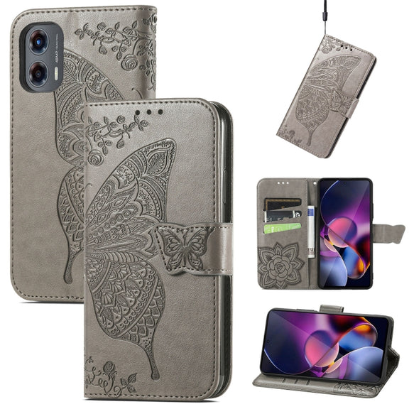For Motorola Moto G Stylus 5G 2024 Butterfly Love Flower Embossed Leather Phone Case(Gray)