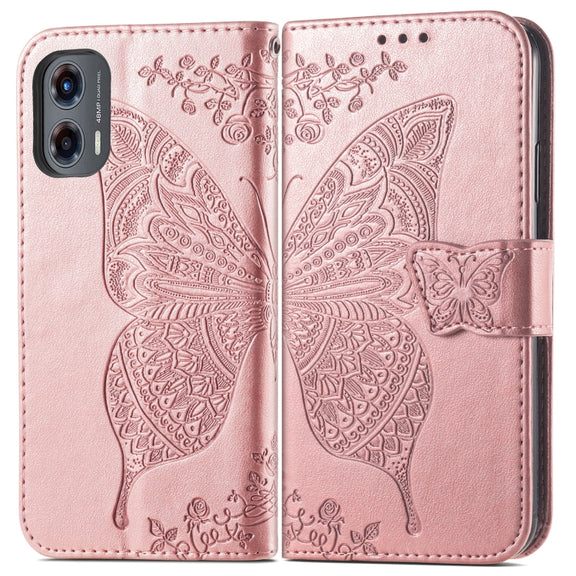 For Motorola Moto G Stylus 5G 2024 Butterfly Love Flower Embossed Leather Phone Case(Rose Pink)