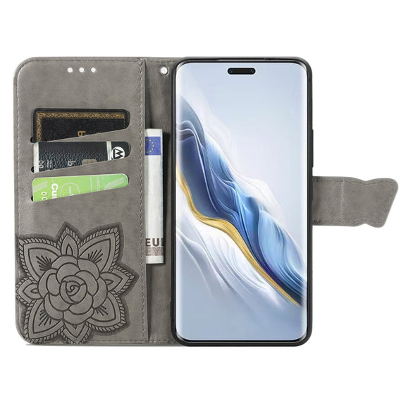 For Honor Magic6 Pro Butterfly Love Flower Embossed Leather Phone Case(Gray)