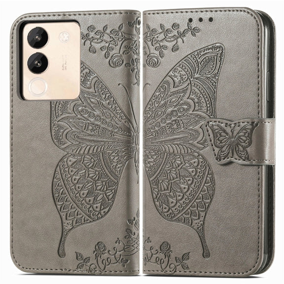 For vivo X100 Pro Butterfly Love Flower Embossed Leather Phone Case(Gray)