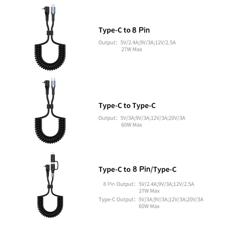 ENKAY PD 27W Type-C to 8 Pin 3A Elbow Expansion Spring Coiled Fast Chrging Data Cable, Length: 1.5m