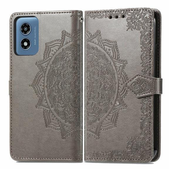 For Motorola Moto G Play 2024 Mandala Flower Embossed Leather Phone Case(Gray)