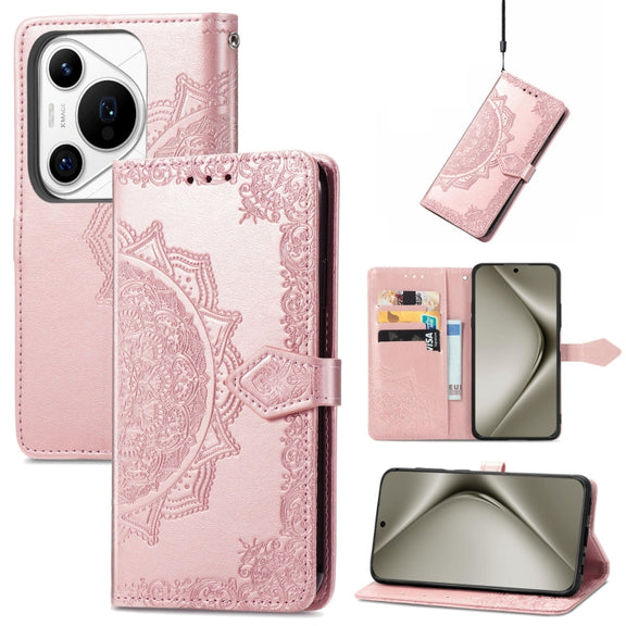 For Huawei Pura 70 Mandala Flower Embossed Leather Phone Case(Rose Gold)