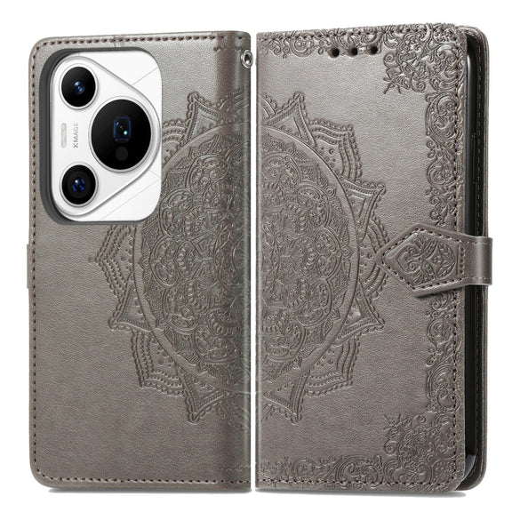 For Huawei Pura 70 Ultra Mandala Flower Embossed Leather Phone Case(Gray)