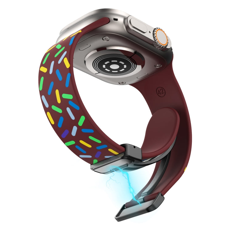 For Apple Watch SE 44mm Rainbow Dots Silicone Magnetic Black Buckle Watch Band(Wine)
