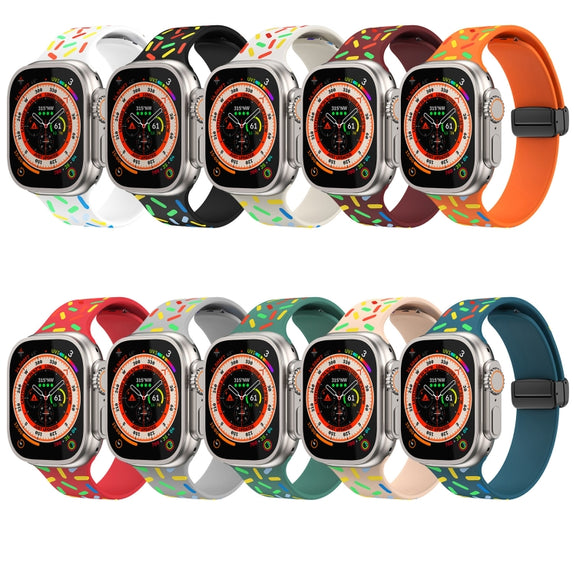 For Apple Watch 5 44mm Rainbow Dots Silicone Magnetic Black Buckle Watch Band(White)