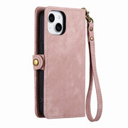 For iPhone 14 Geometric Zipper Wallet Side Buckle Leather Phone Case(Pink)