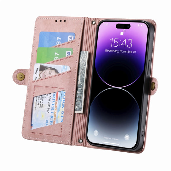 For iPhone 14 Geometric Zipper Wallet Side Buckle Leather Phone Case(Pink)