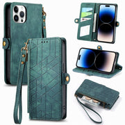 For iPhone 14 Pro Geometric Zipper Wallet Side Buckle Leather Phone Case(Green)