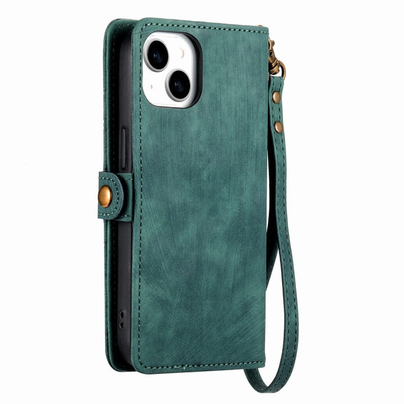 For iPhone 14 Pro Geometric Zipper Wallet Side Buckle Leather Phone Case(Green)