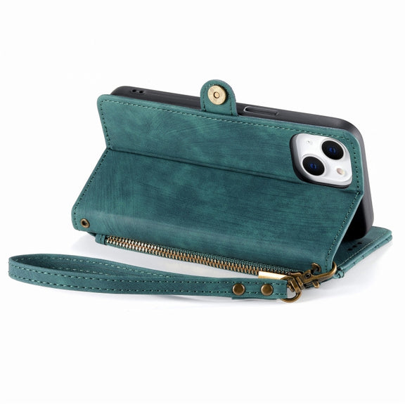 For iPhone 14 Pro Geometric Zipper Wallet Side Buckle Leather Phone Case(Green)