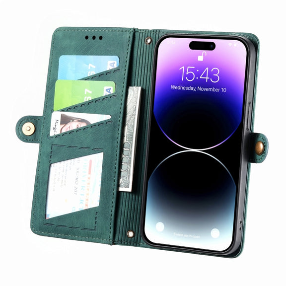 For iPhone 14 Pro Max Geometric Zipper Wallet Side Buckle Leather Phone Case(Green)