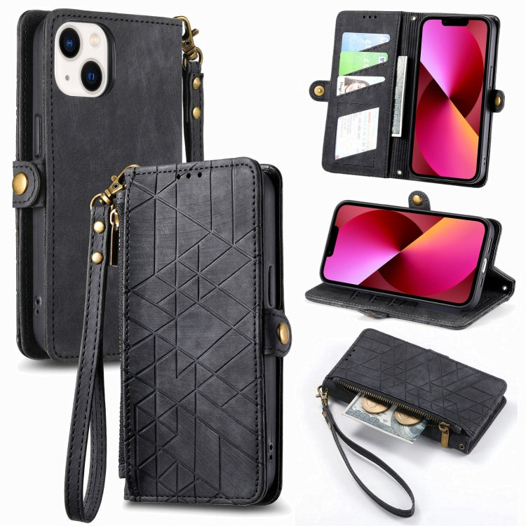For iPhone 13 Geometric Zipper Wallet Side Buckle Leather Phone Case(Black) - free shipping - PMC TechLife - Order now!