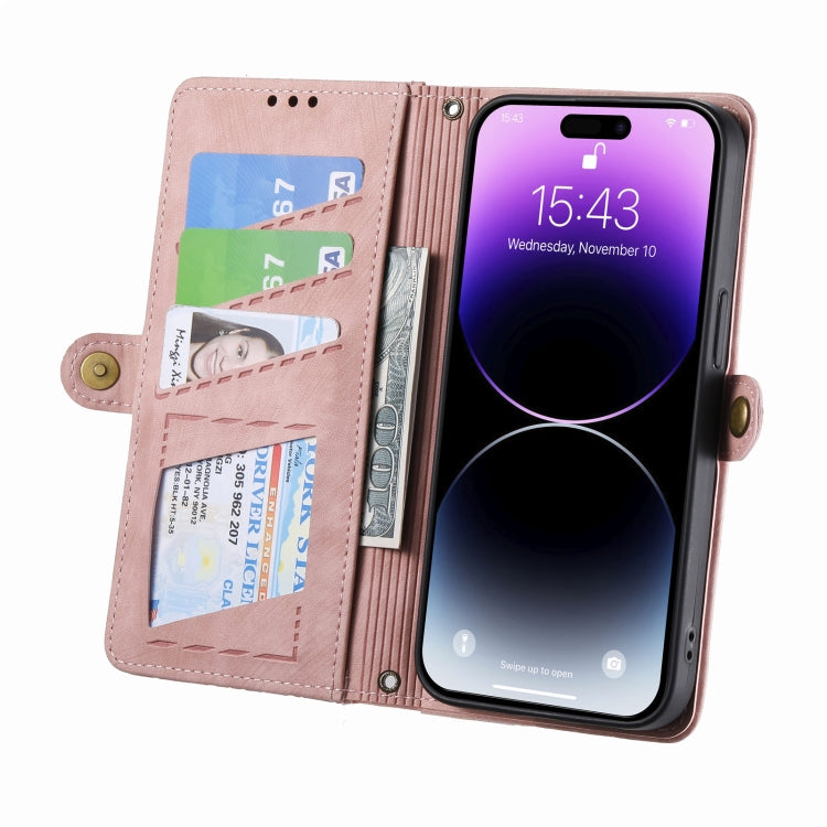 For iPhone 13 Geometric Zipper Wallet Side Buckle Leather Phone Case(Pink)