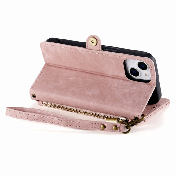 For iPhone 13 Geometric Zipper Wallet Side Buckle Leather Phone Case(Pink)