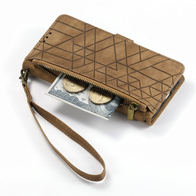 For iPhone 13 Pro Geometric Zipper Wallet Side Buckle Leather Phone Case(Brown)