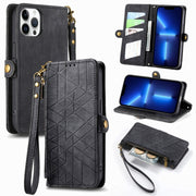 For iPhone 13 Pro Geometric Zipper Wallet Side Buckle Leather Phone Case(Black)