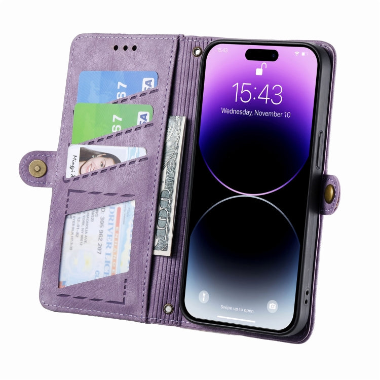 For iPhone 13 Pro Geometric Zipper Wallet Side Buckle Leather Phone Case(Purple)