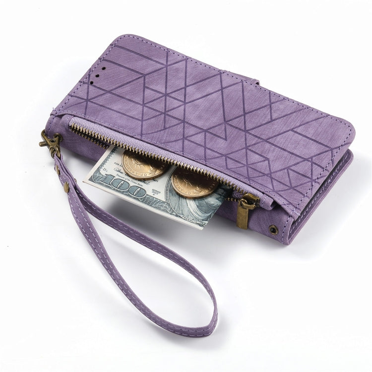 For iPhone 13 Pro Geometric Zipper Wallet Side Buckle Leather Phone Case(Purple)